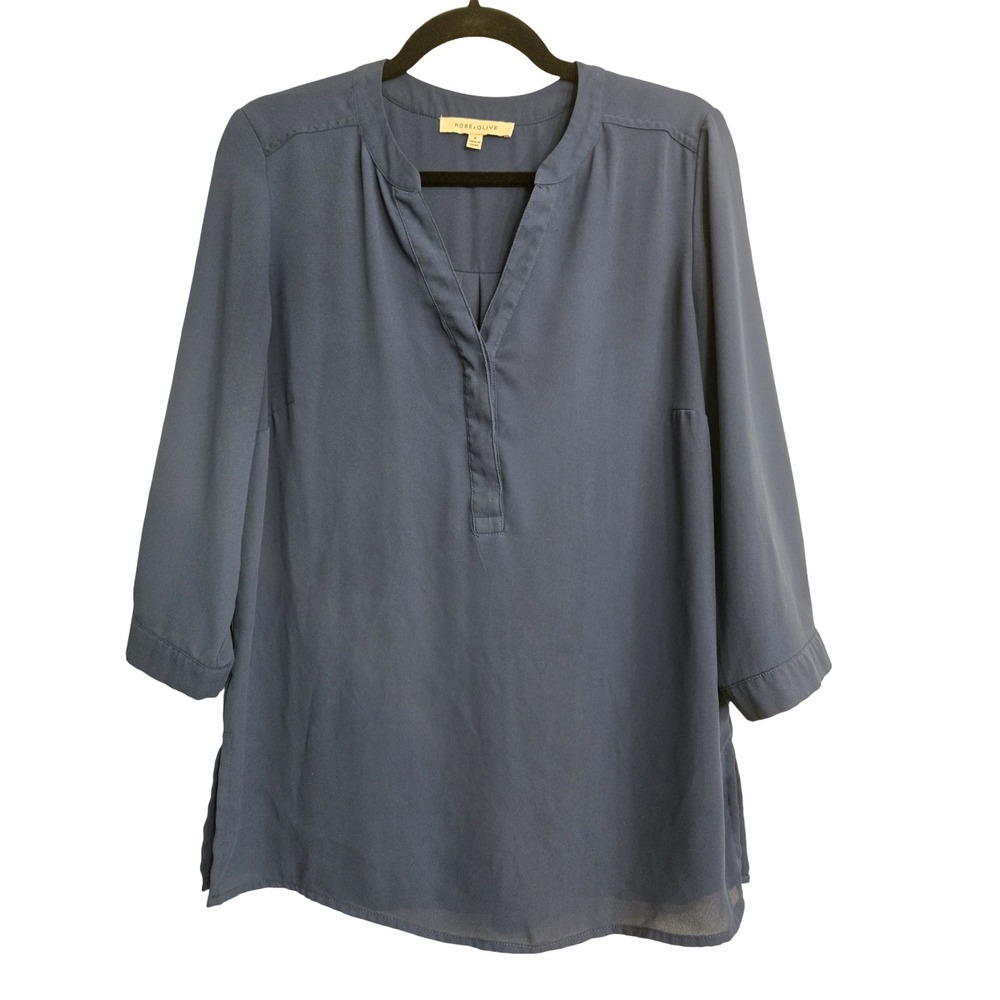 Rose + Olive Navy Blue V-Neck 3/4 Sleeve Blouse Top Small